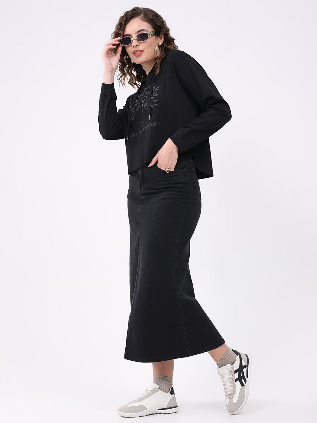 Women Black Printed Hooded Full Sleeve Winter Top