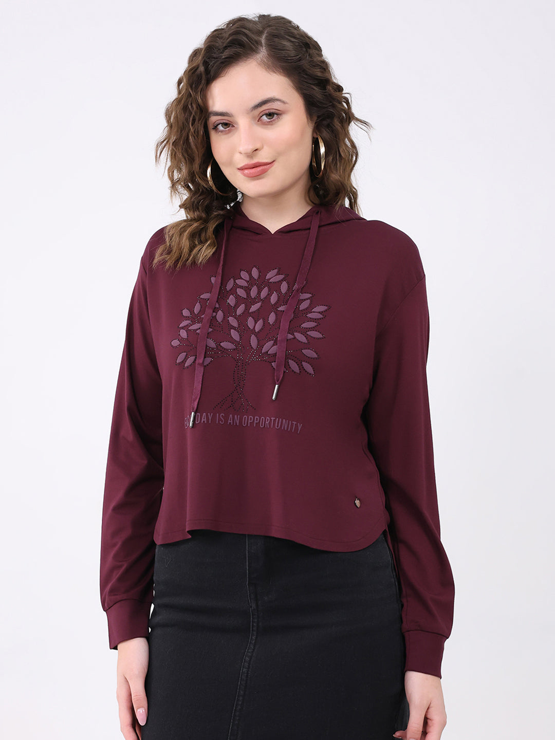 Women Burgundy Printed Hooded Full Sleeve Winter Top