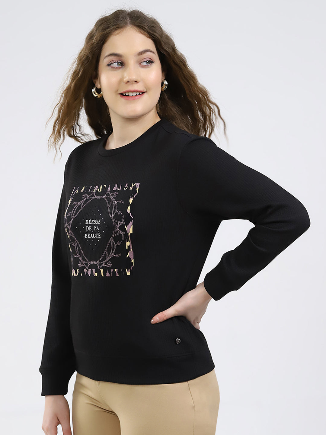 Women Black Printed Round Neck Full Sleeve Winter Top