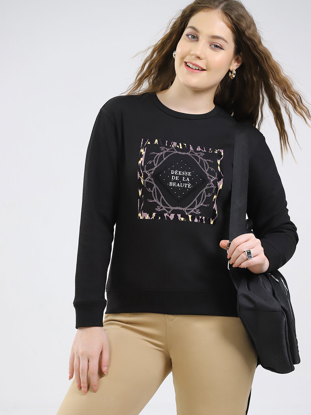 Women Black Printed Round Neck Full Sleeve Winter Top