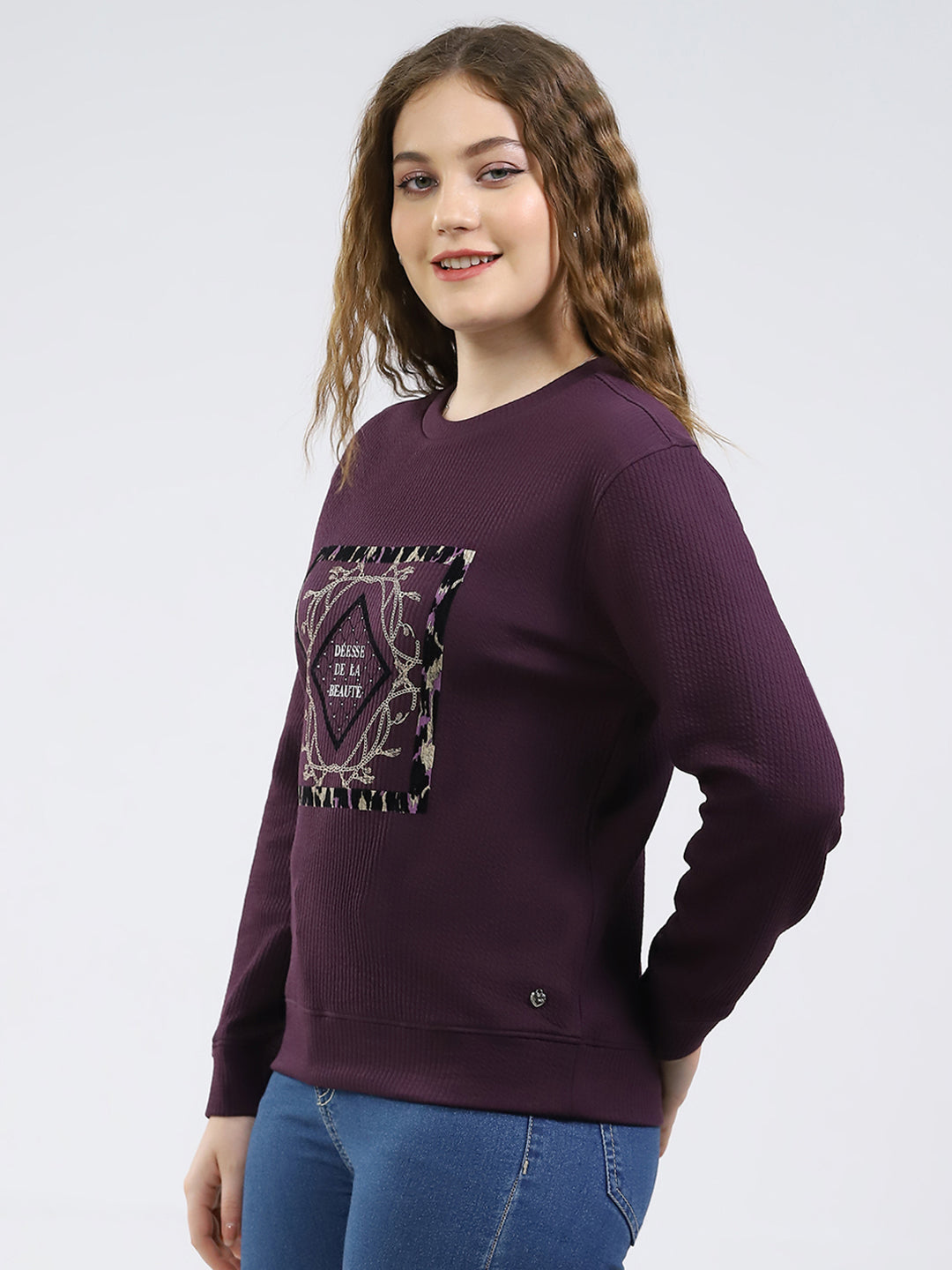 Women Purple Printed Round Neck Full Sleeve Winter Top