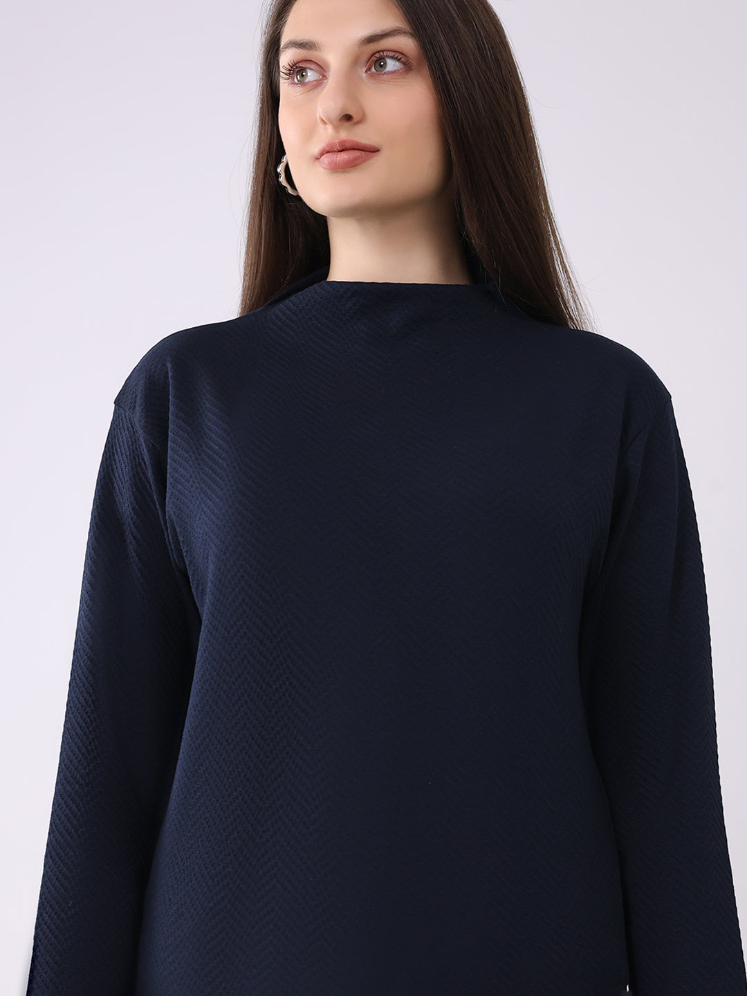 Women Navy Blue Self Design Mock Neck Full Sleeve Winter Top