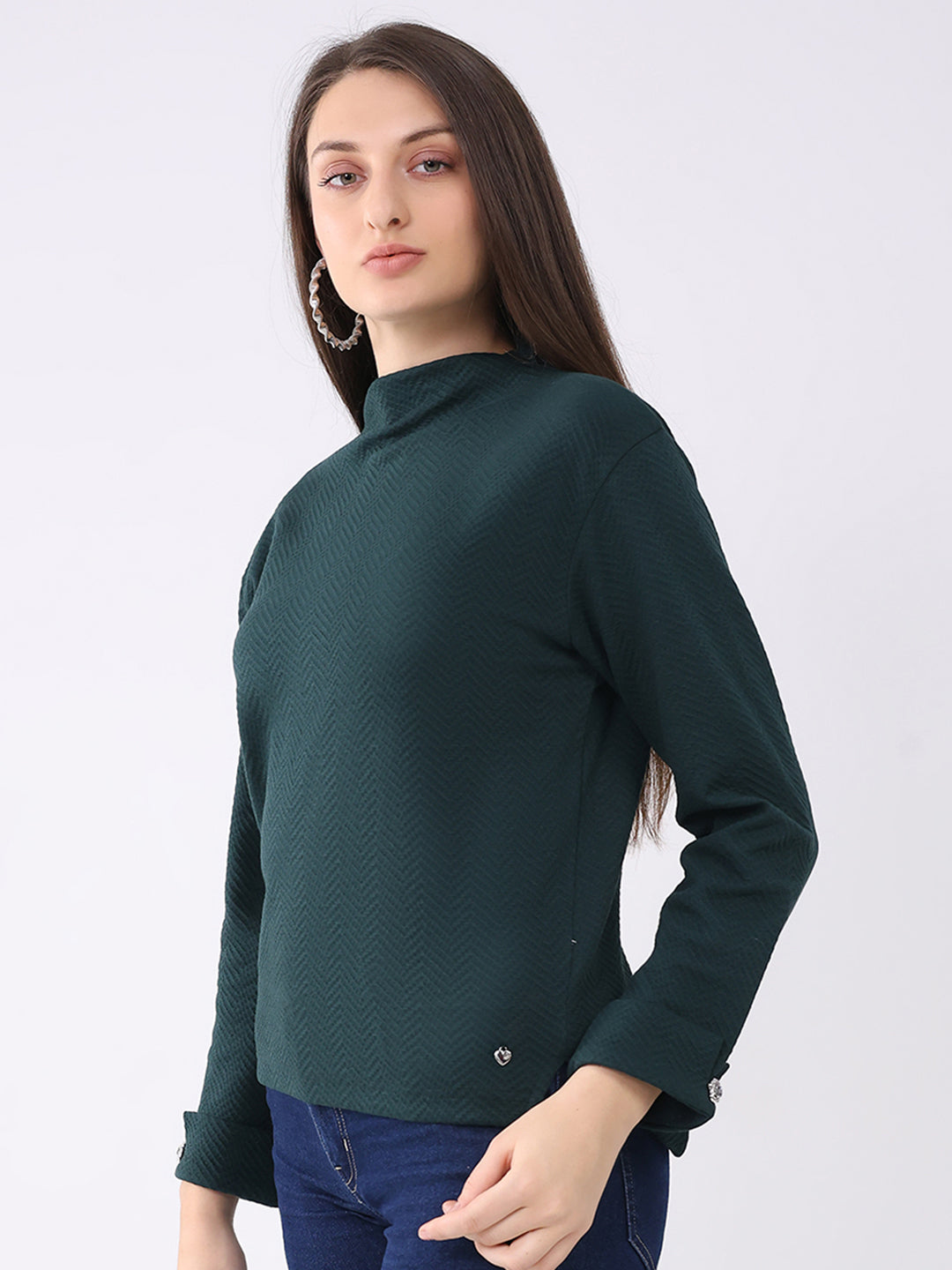 Women Dark Green Self Design Mock Neck Full Sleeve Winter Top