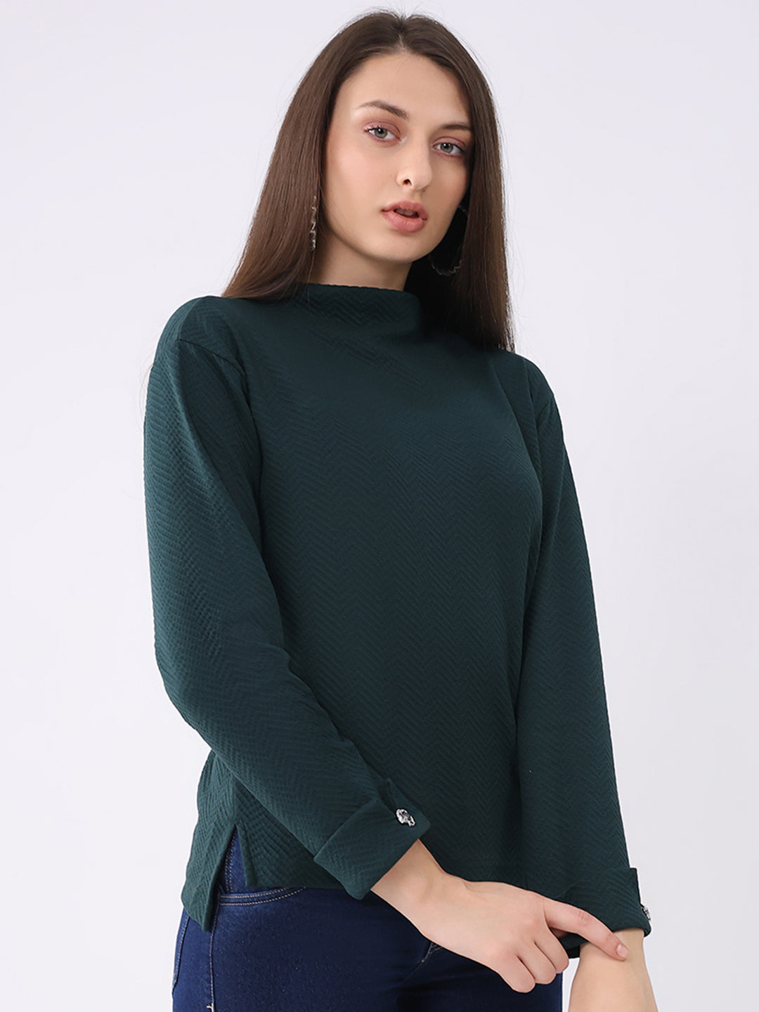 Women Dark Green Self Design Mock Neck Full Sleeve Winter Top