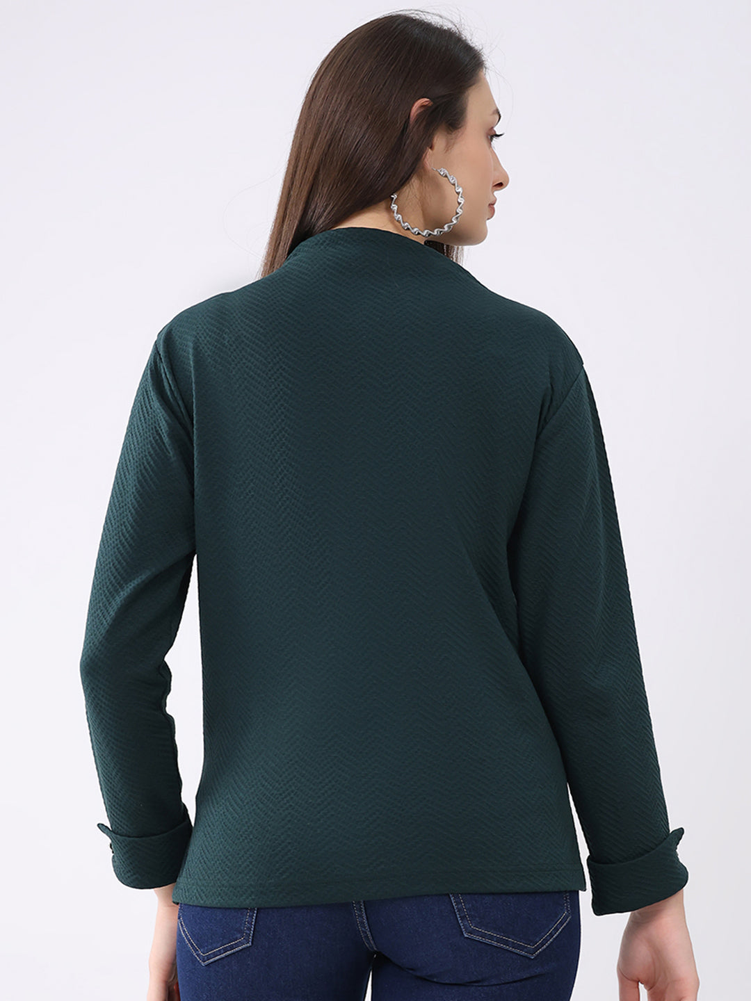 Women Dark Green Self Design Mock Neck Full Sleeve Winter Top