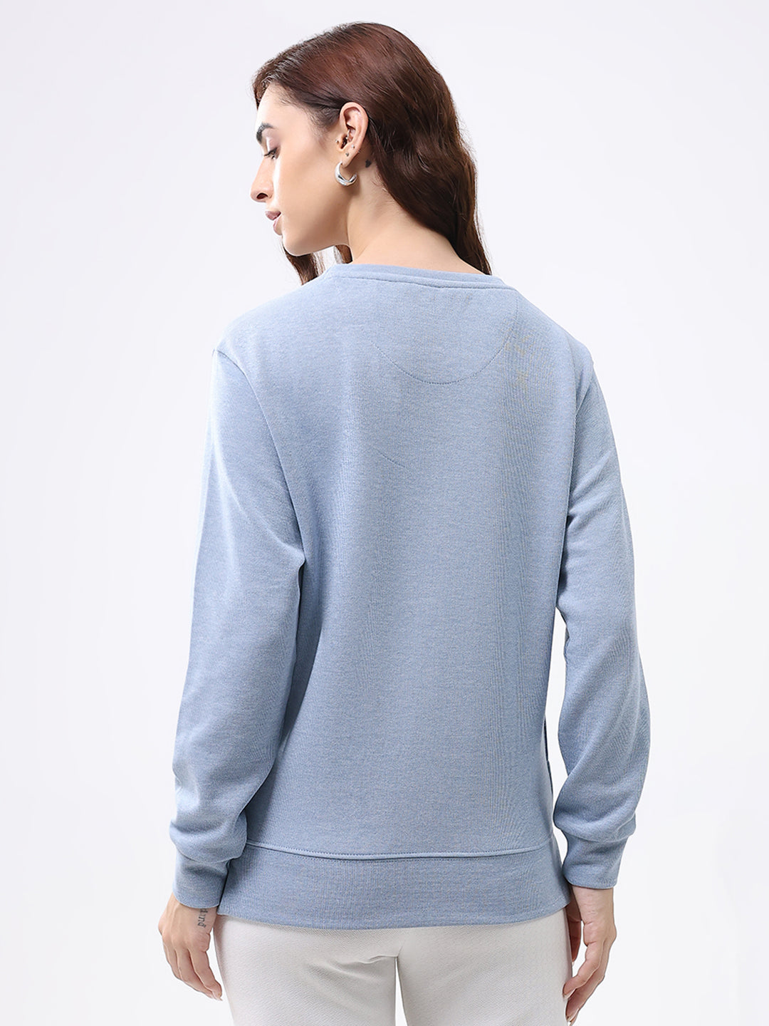 Women Blue Printed Round Neck Full Sleeve Winter Top