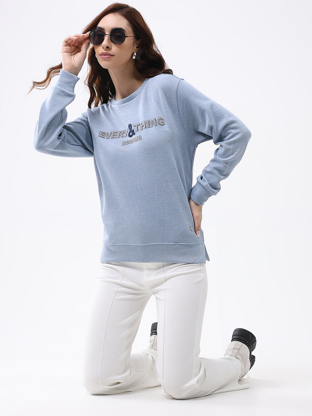 Women Blue Printed Round Neck Full Sleeve Winter Top