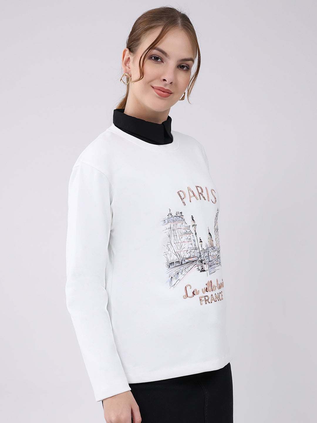 Women Off White Printed Round Neck Full Sleeve Winter Top