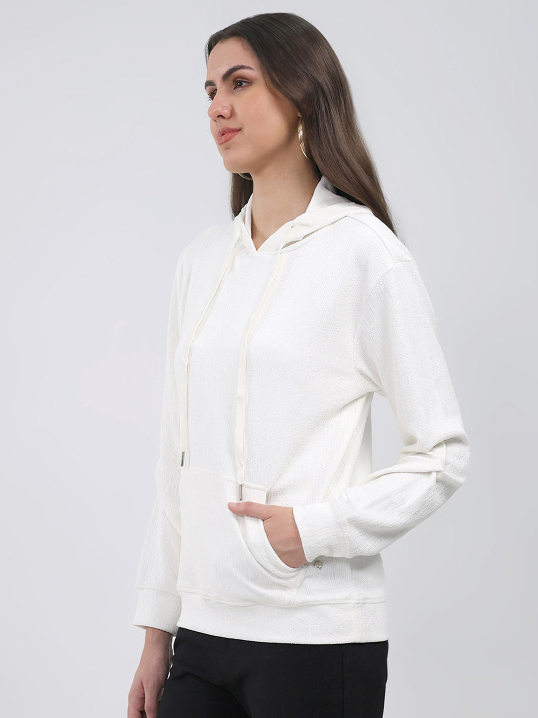 Women White Printed Hooded Full Sleeve Winter Top