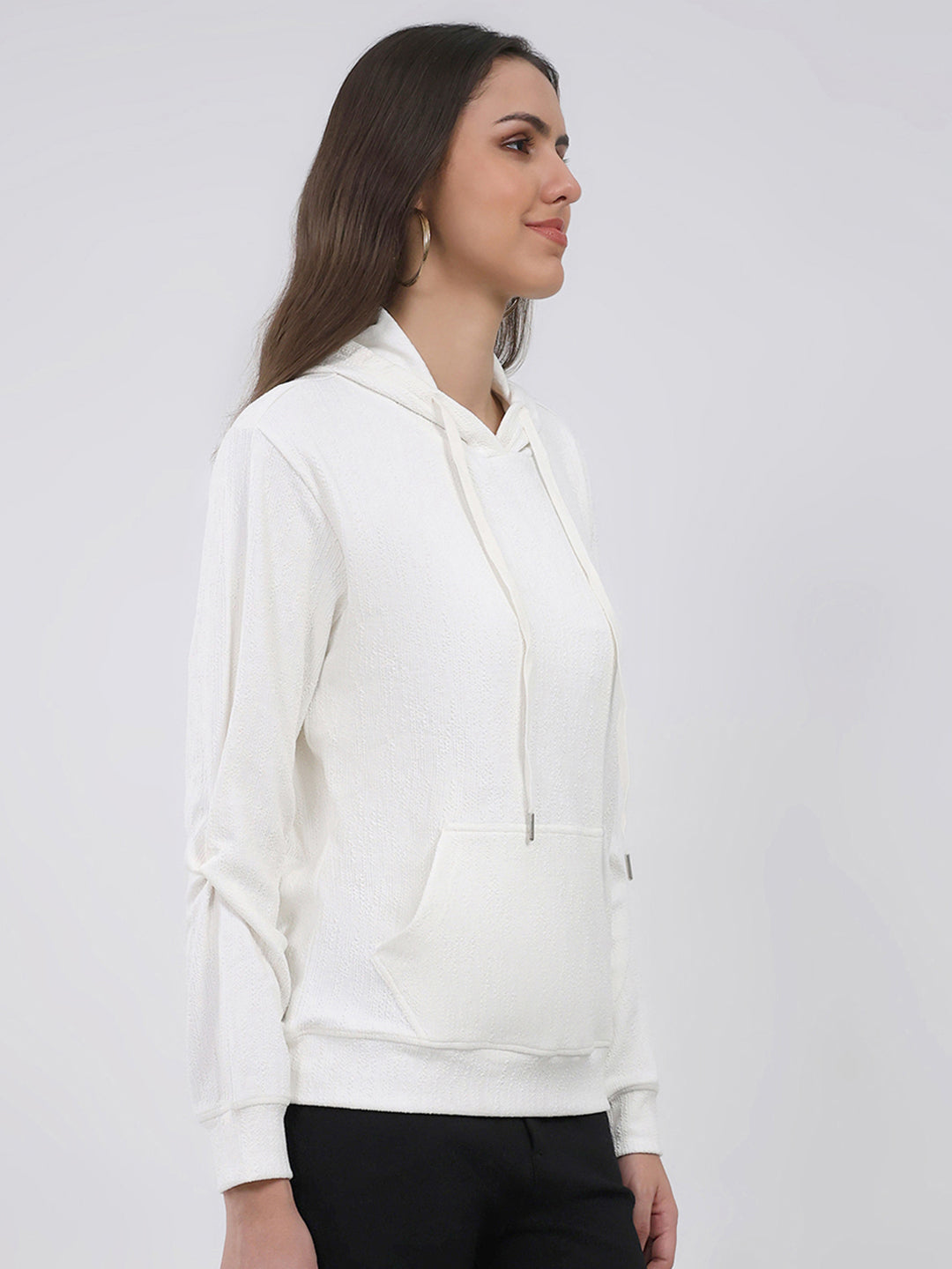 Women White Printed Hooded Full Sleeve Winter Top