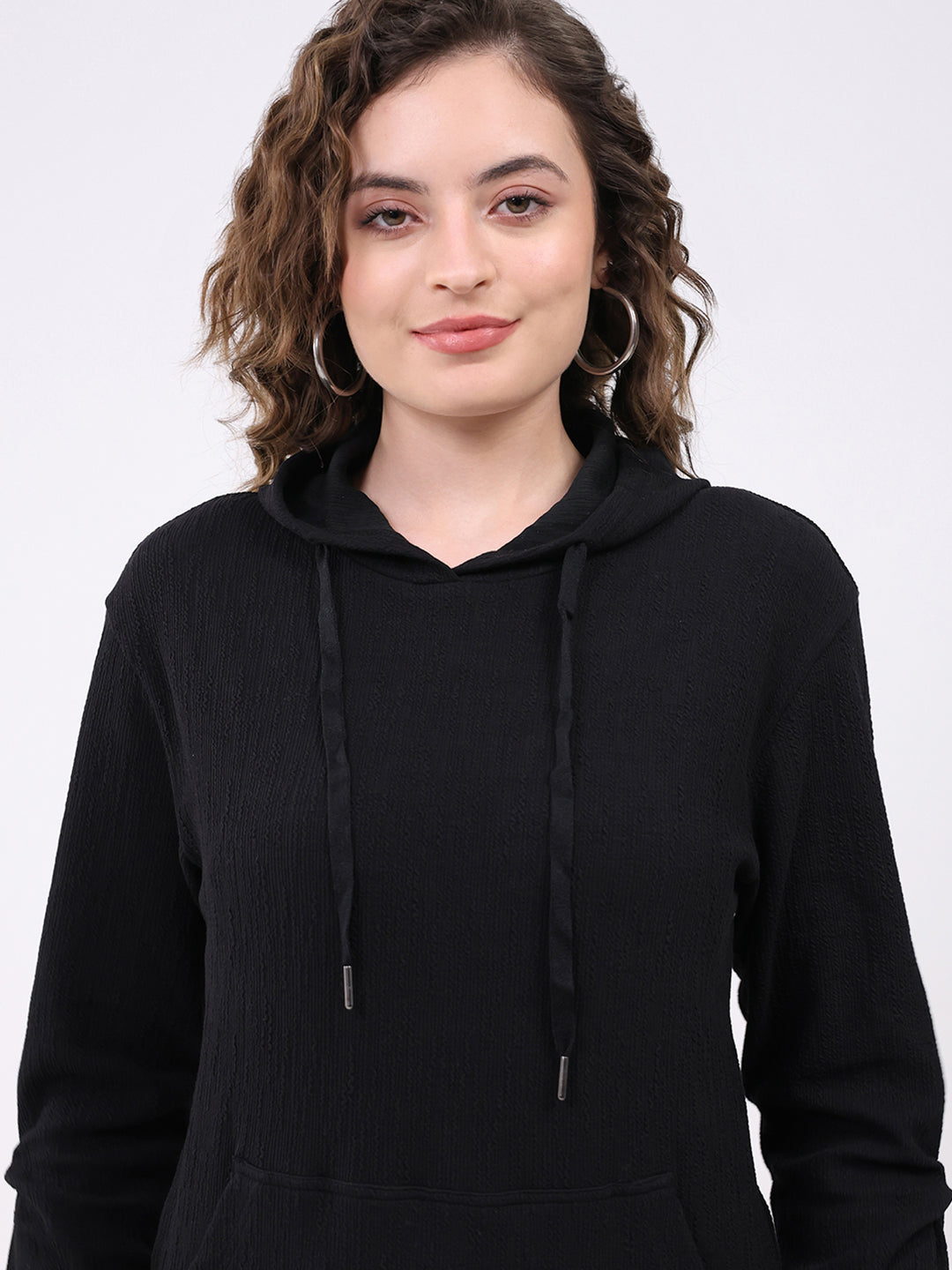 Women Black Printed Hooded Full Sleeve Winter Top