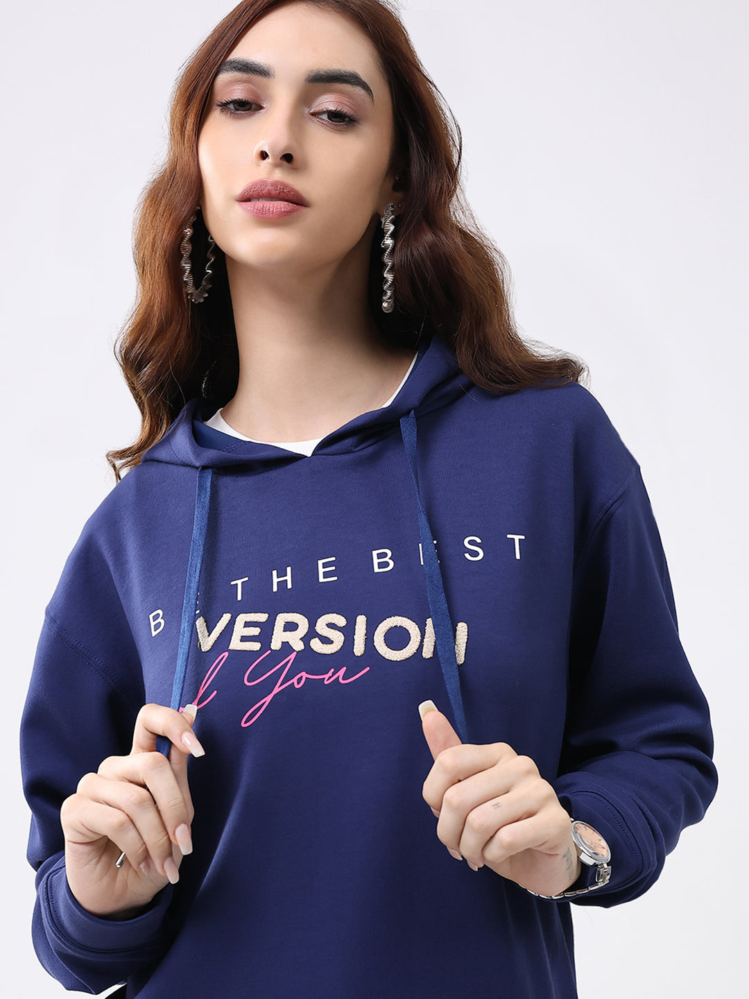 Women Navy Blue Printed Hooded Full Sleeve Winter Top