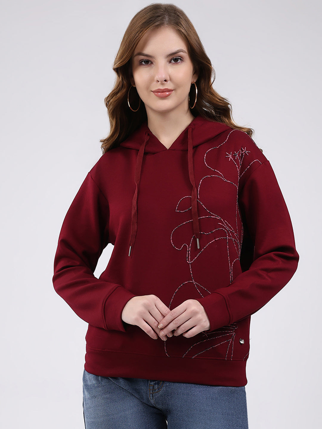 Women Maroon Printed Hooded Full Sleeve Winter Top