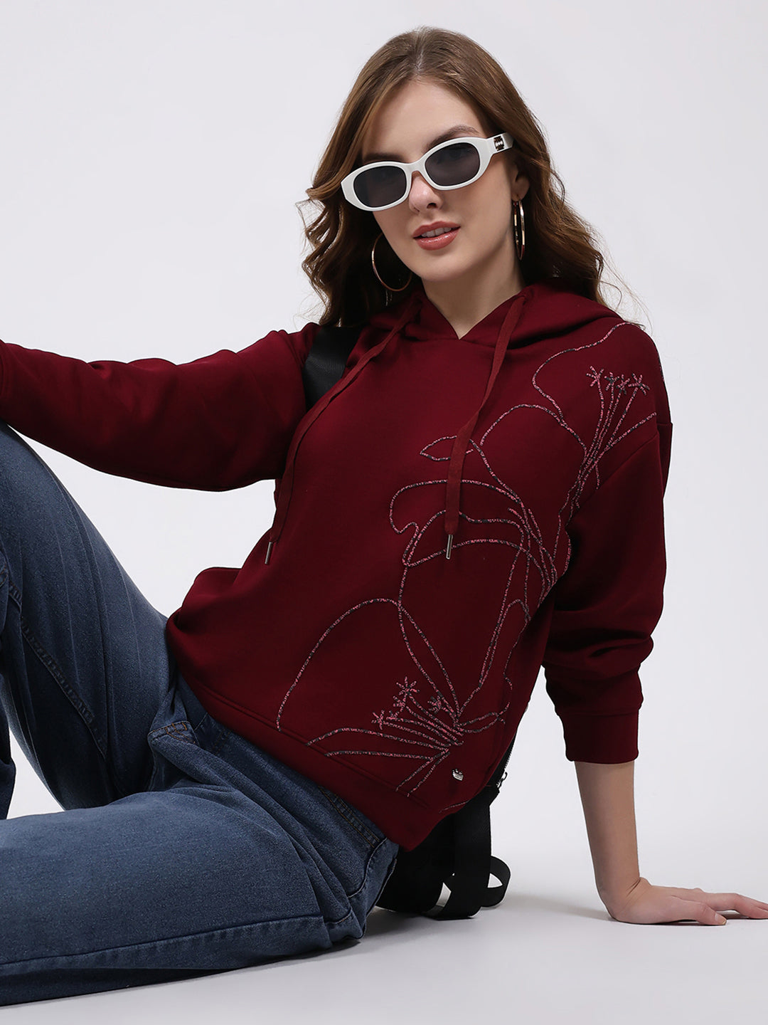 Women Maroon Printed Hooded Full Sleeve Winter Top