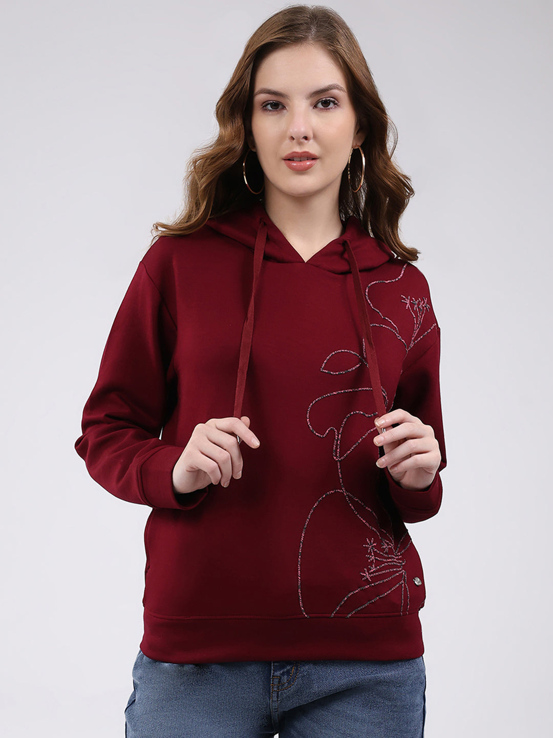 Women Maroon Printed Hooded Full Sleeve Winter Top