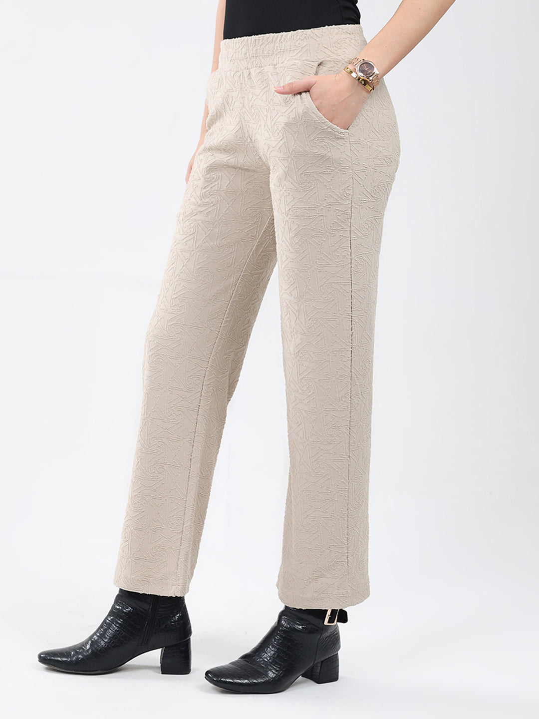 Women Beige Self Design Regular Fit Winter Lower