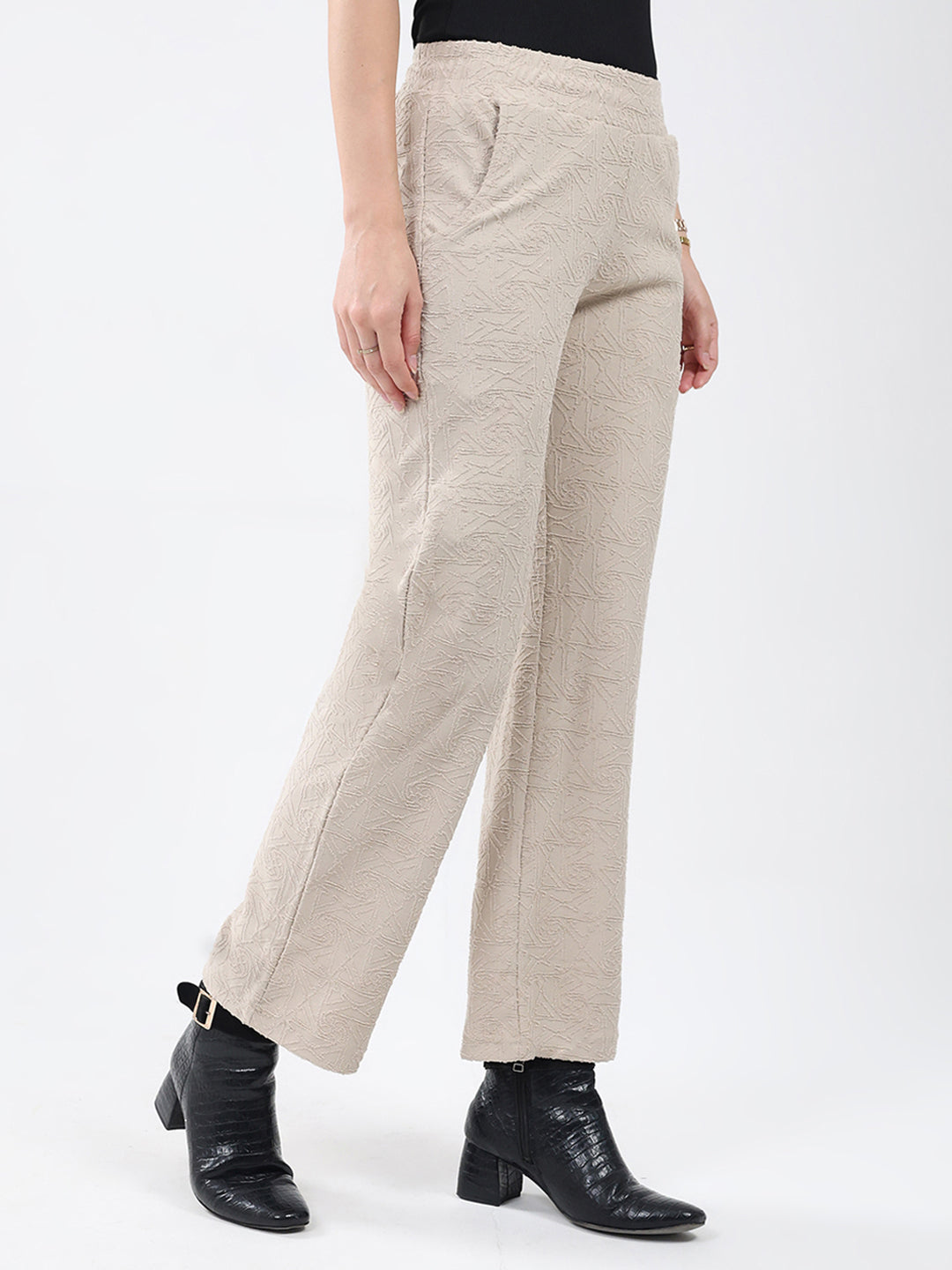 Women Beige Self Design Regular Fit Winter Lower