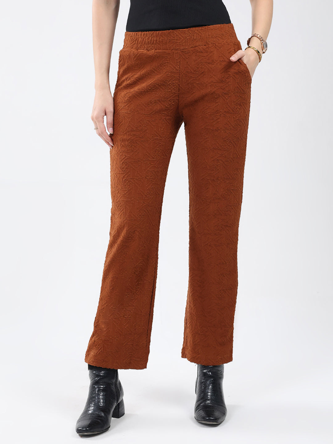Women Rust Self Design Regular Fit Winter Lower