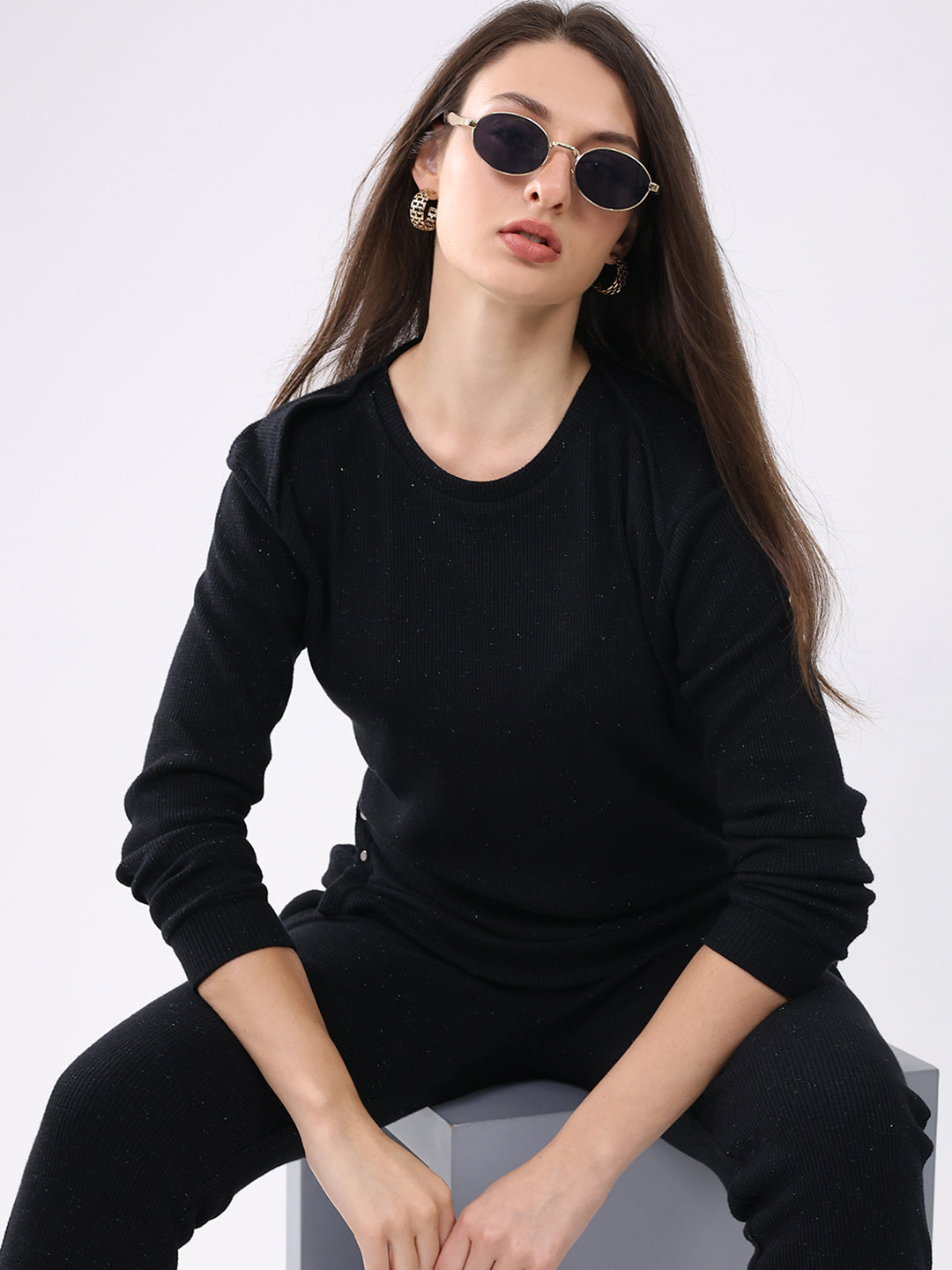 Women Black Self Design Round Neck Full Sleeve Cords Set