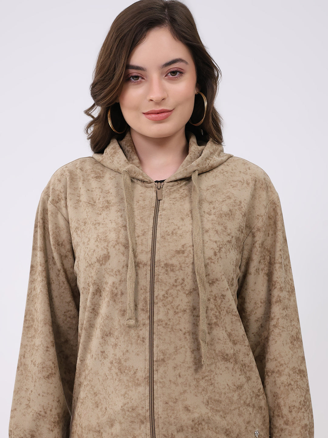 Women Beige Printed Hooded Full Sleeve Cords Set