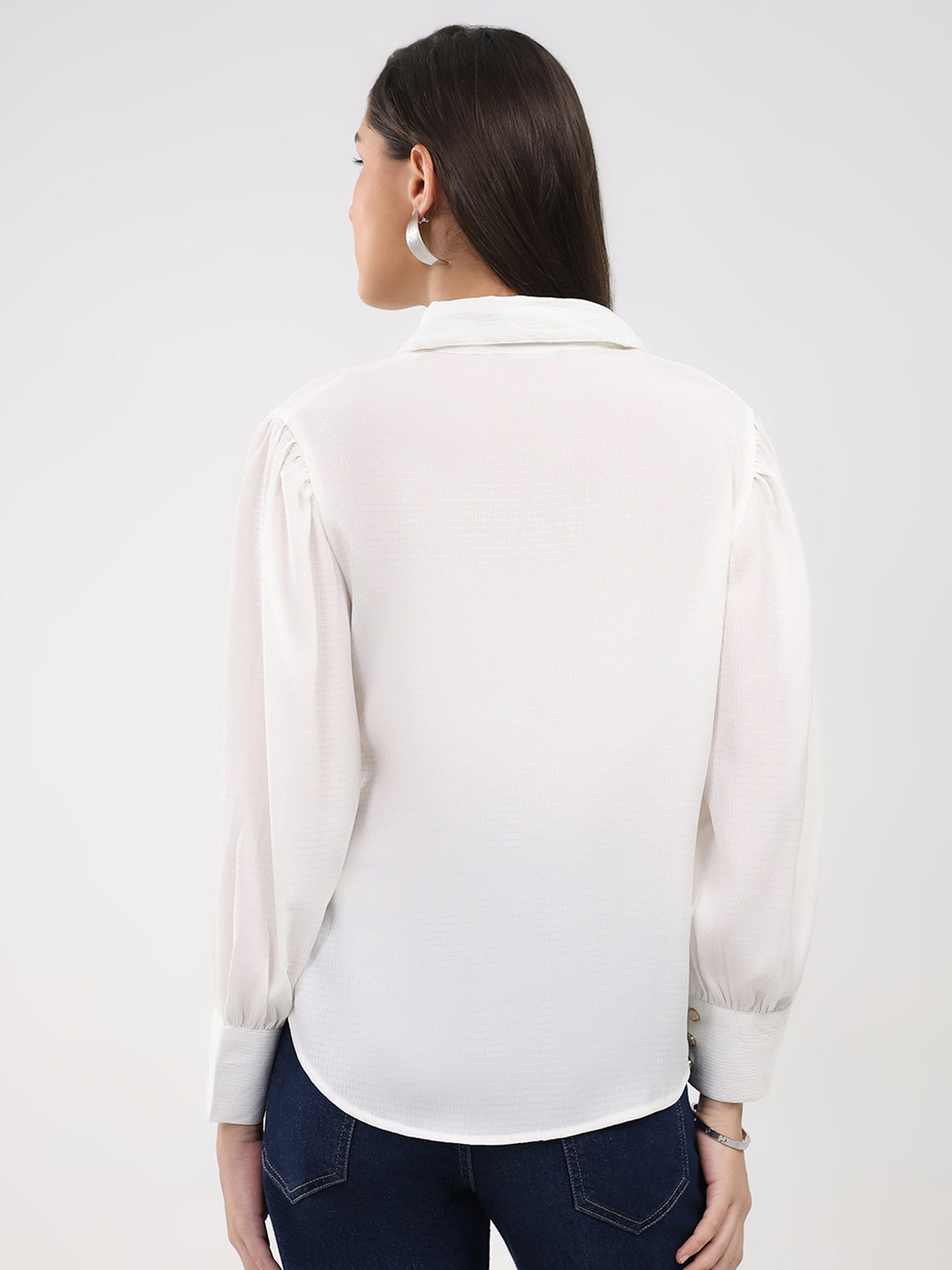 Women Off White Solid Front Open Full Sleeve Winter Top