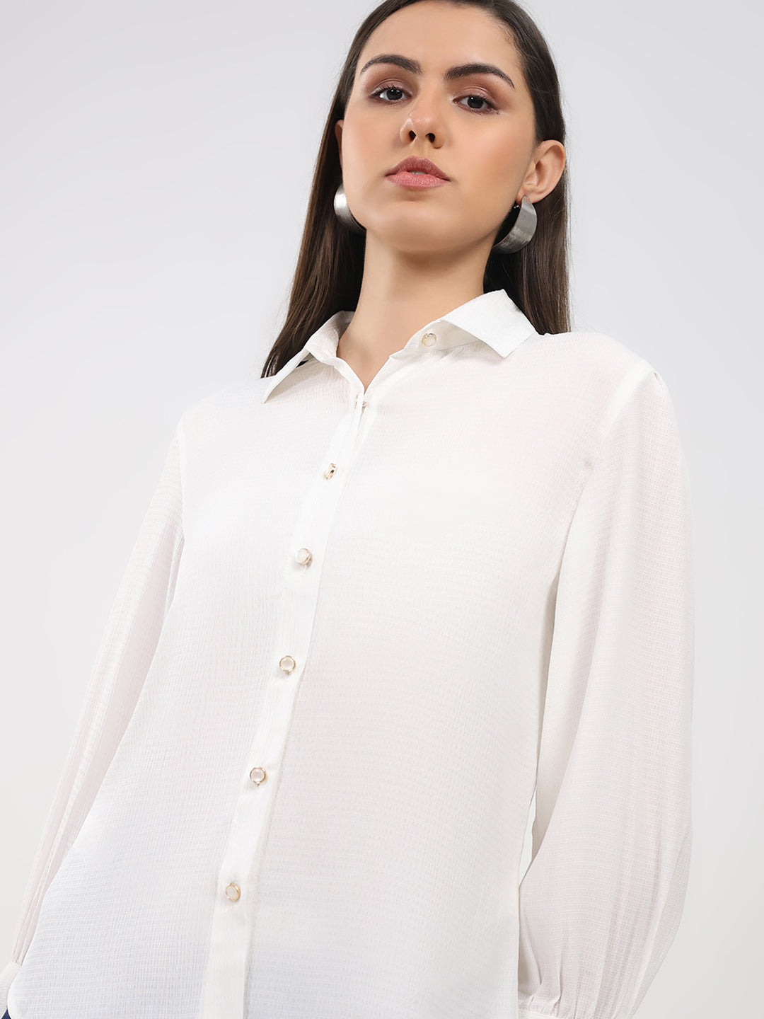 Women Off White Solid Front Open Full Sleeve Winter Top