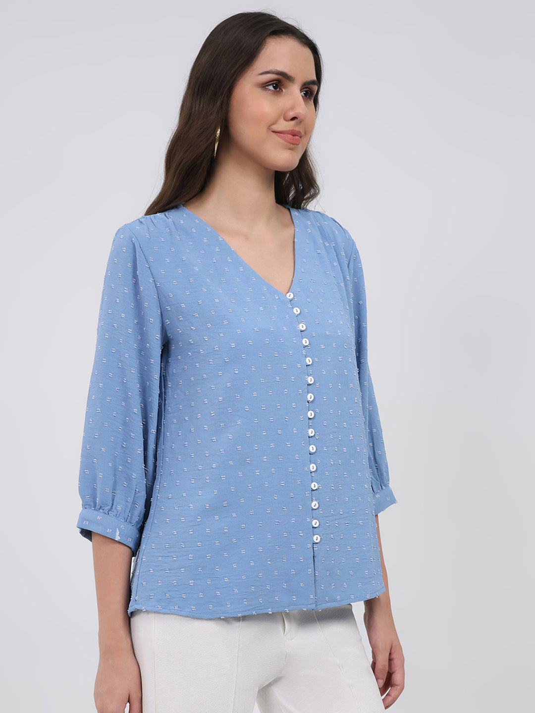 Women Blue Printed Front Open 3/4th Sleeve Winter Top