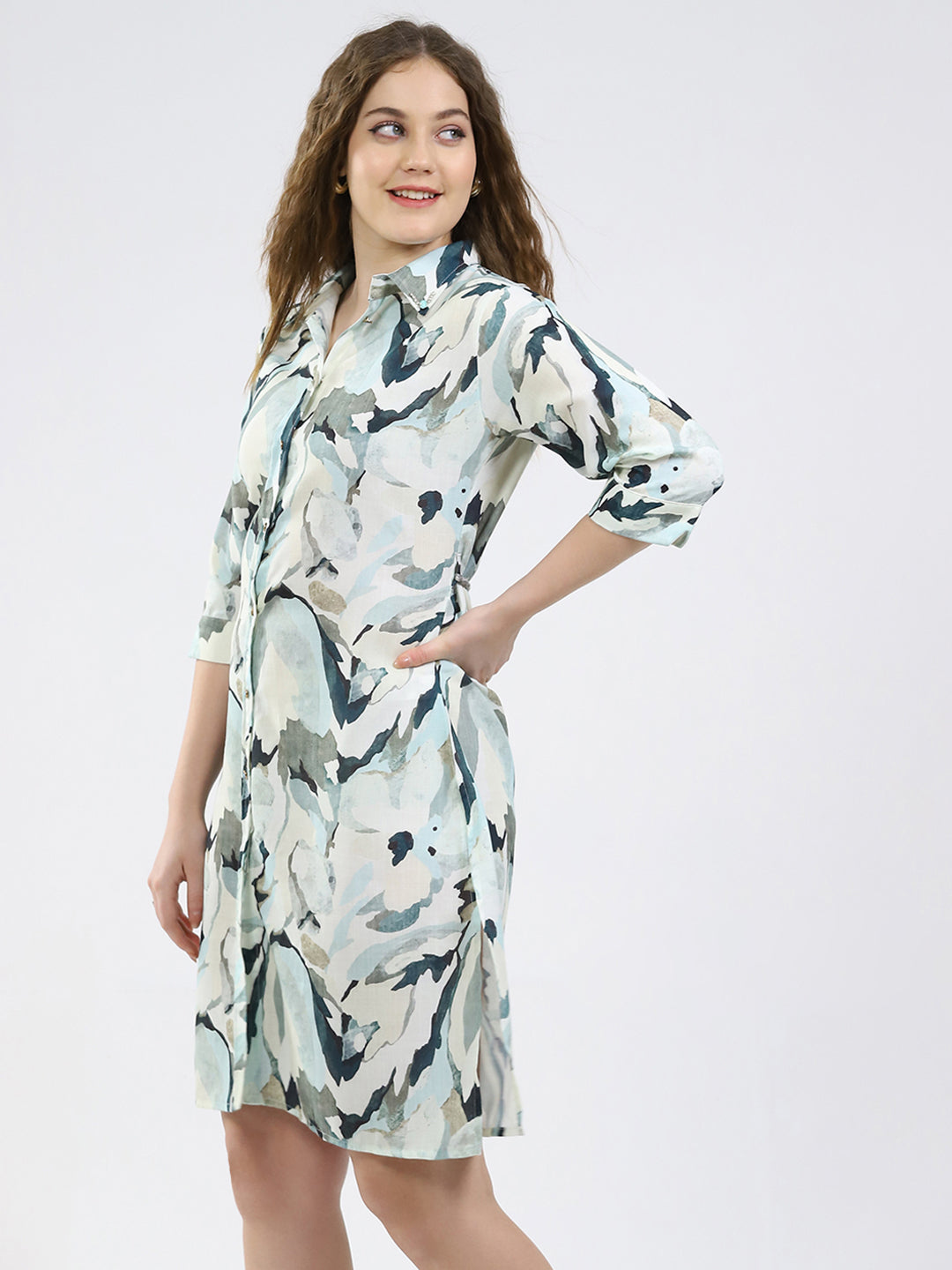 Women Green Printed Collar 3/4th Sleeve Dress