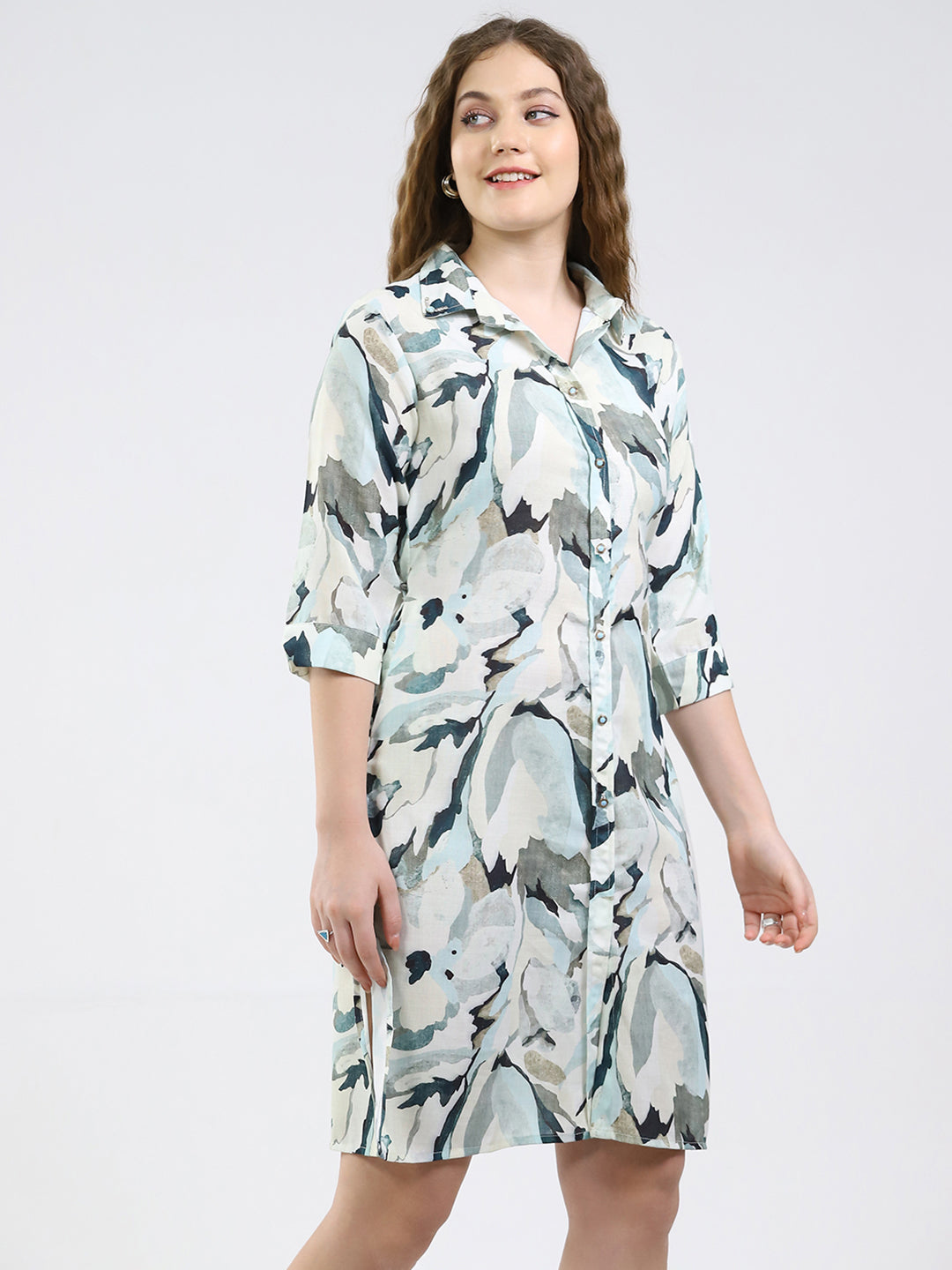 Women Green Printed Collar 3/4th Sleeve Dress