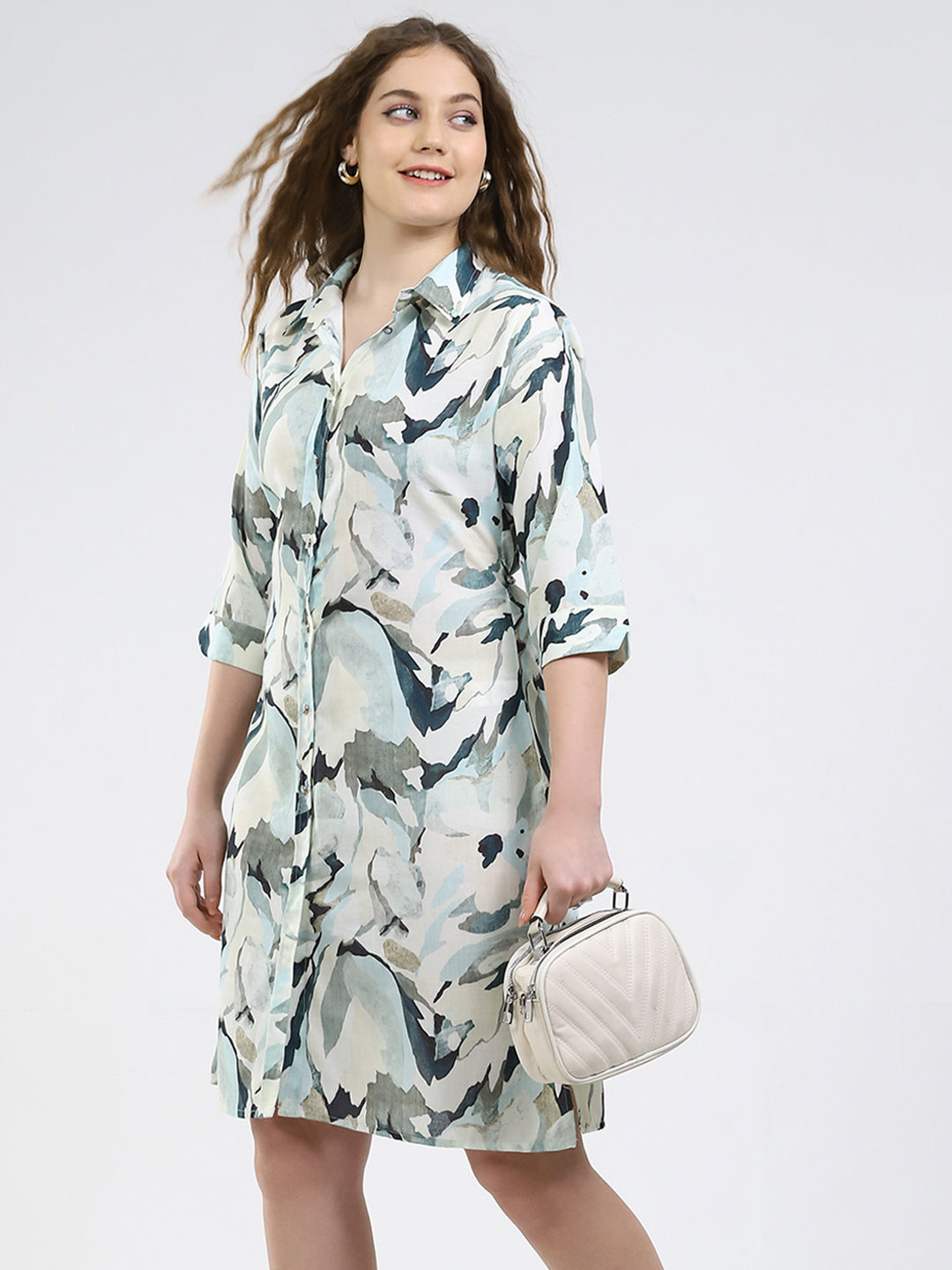Women Green Printed Collar 3/4th Sleeve Dress