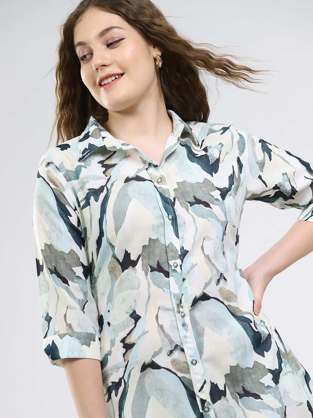 Women Green Printed Collar 3/4th Sleeve Dress