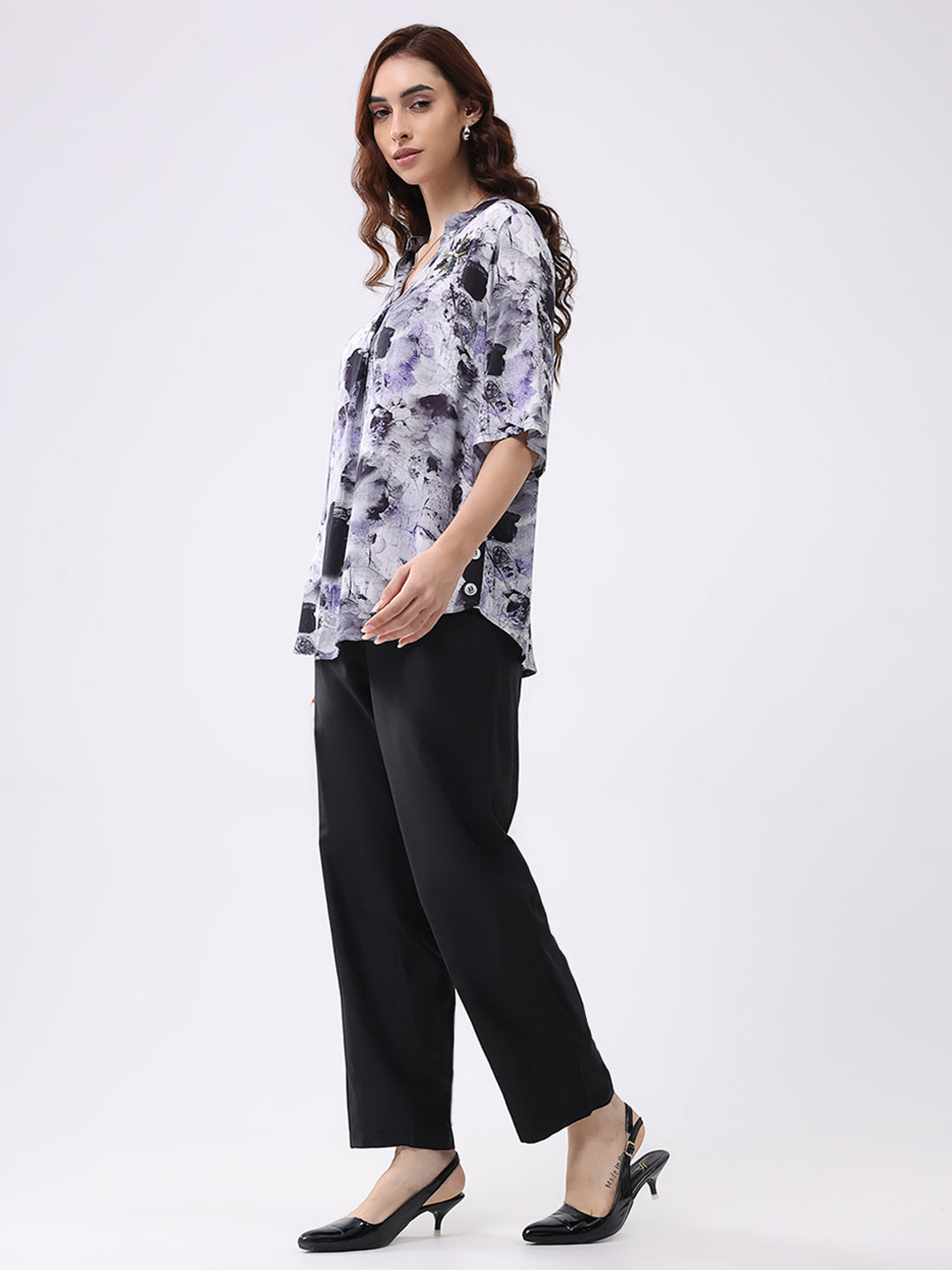 Women Purple Printed Band Neck 3/4th Sleeve Cords Set