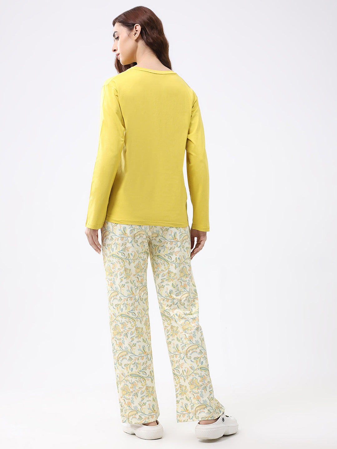 Women Yellow Printed Round Neck Full Sleeve Lower Set