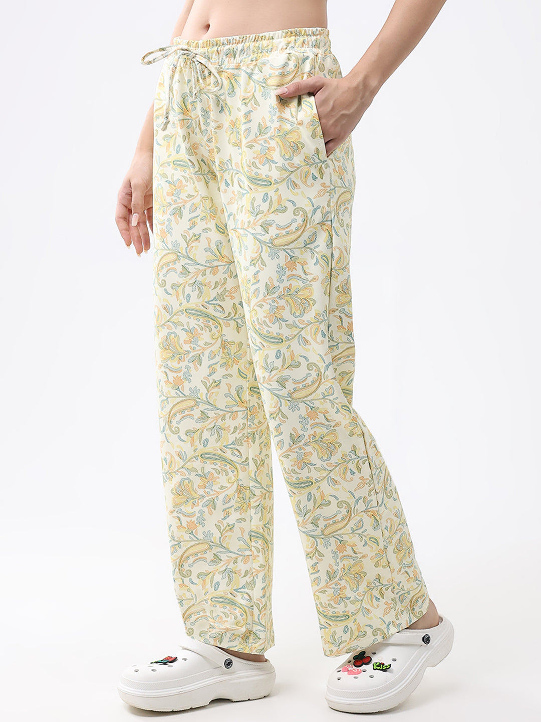 Women Yellow Printed Round Neck Full Sleeve Lower Set