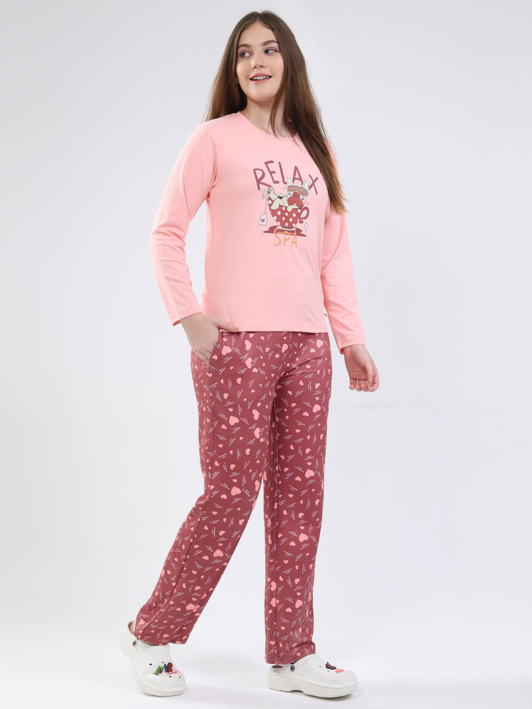 Women Peach Printed Round Neck Full Sleeve Lower Set