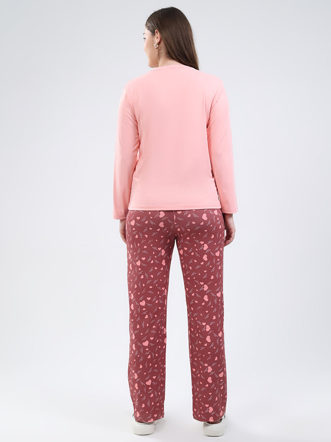 Women Peach Printed Round Neck Full Sleeve Lower Set