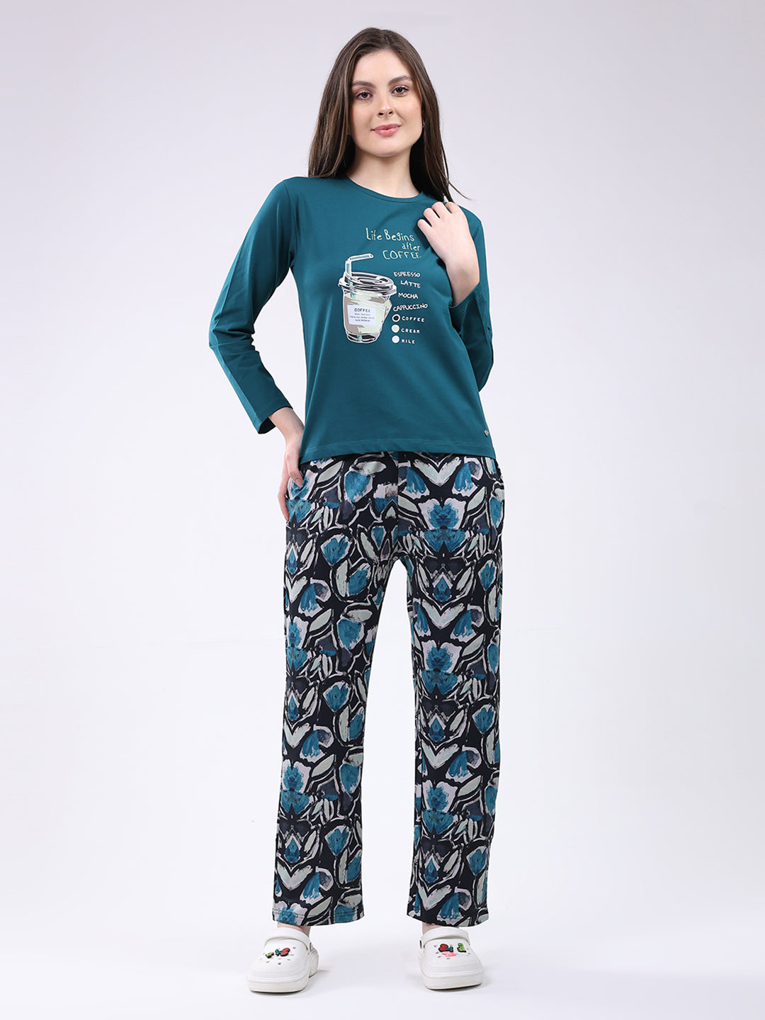 Women Green Printed Round Neck Full Sleeve Lower Set