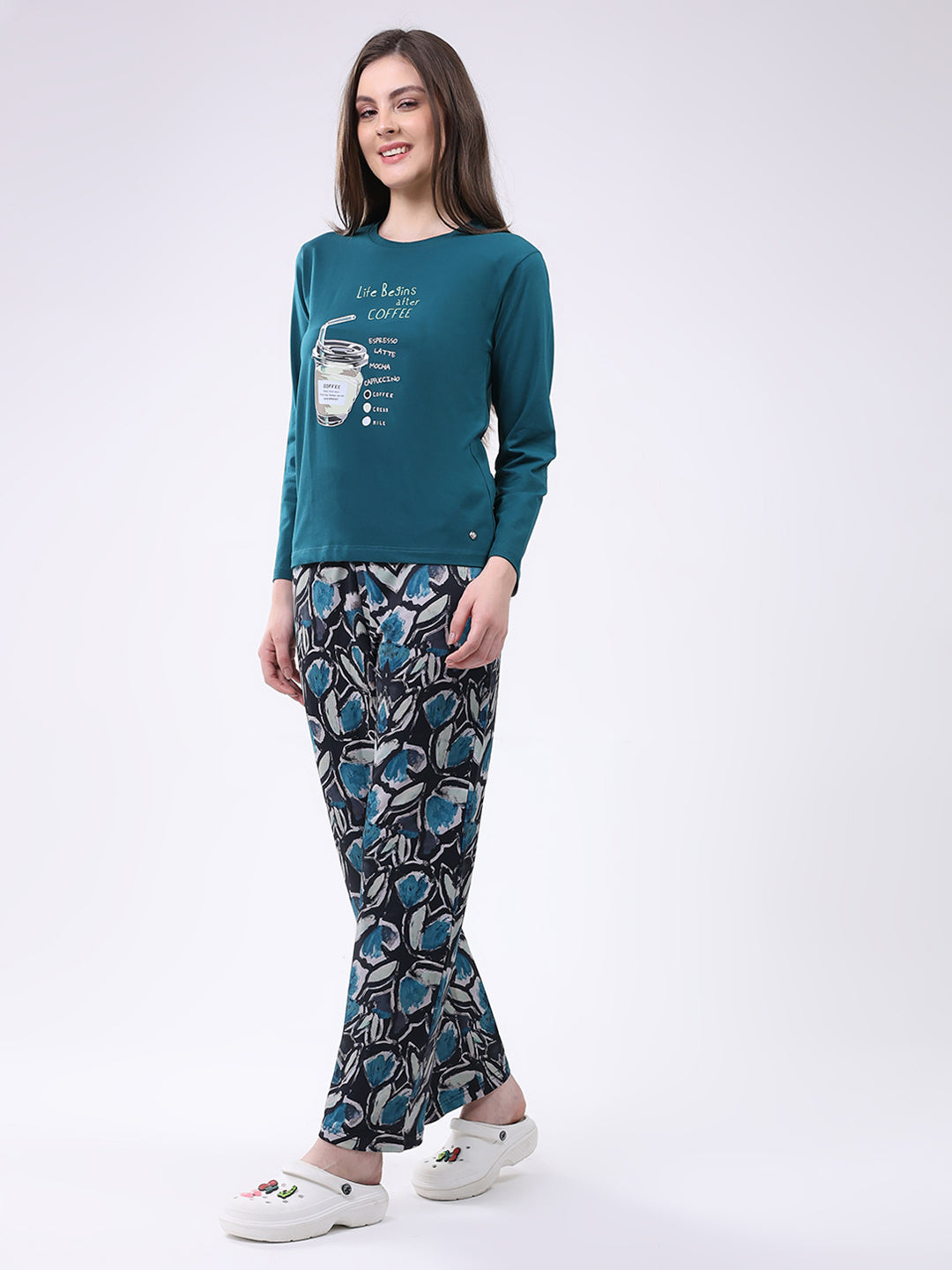 Women Green Printed Round Neck Full Sleeve Lower Set