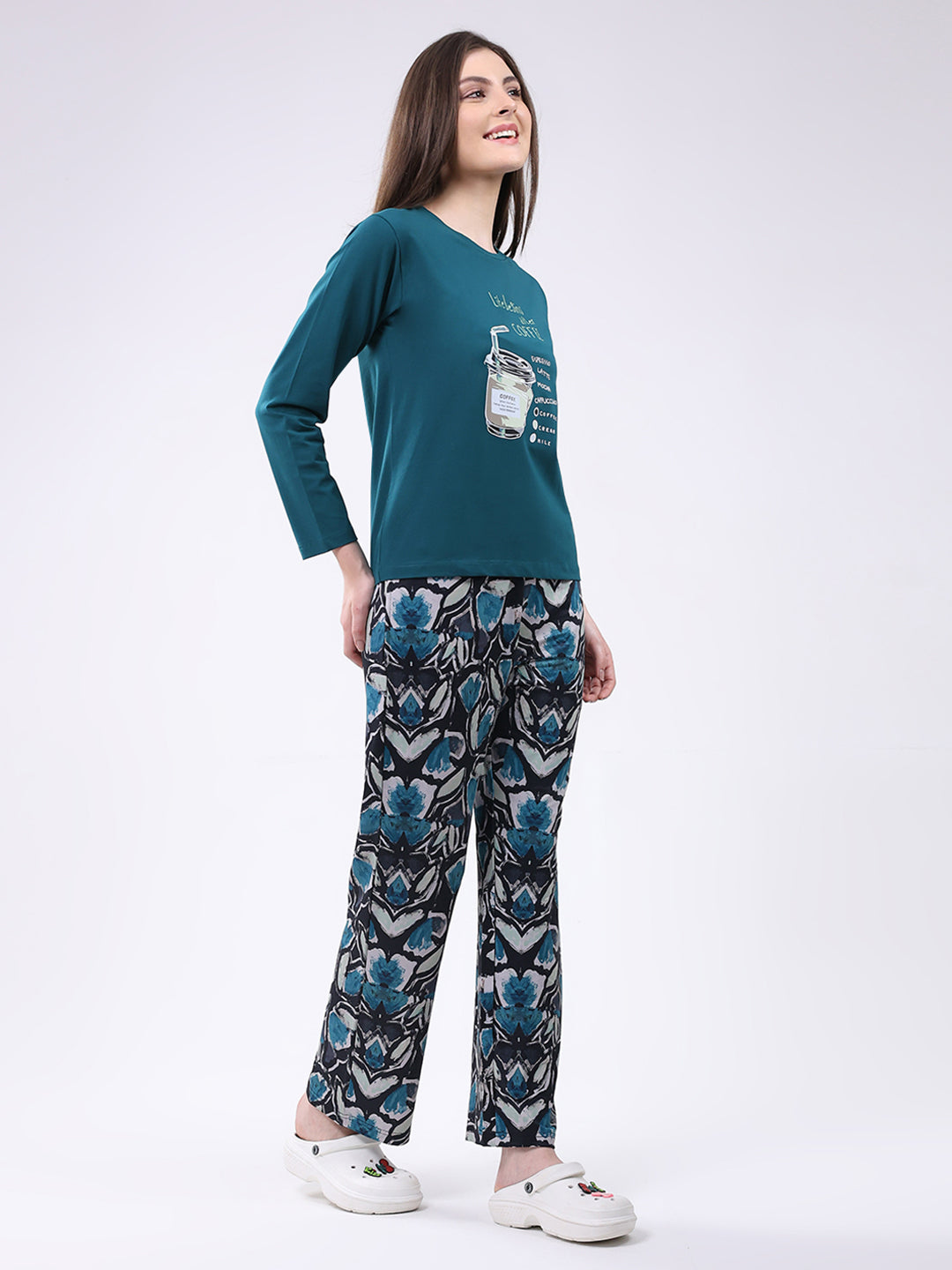 Women Green Printed Round Neck Full Sleeve Lower Set