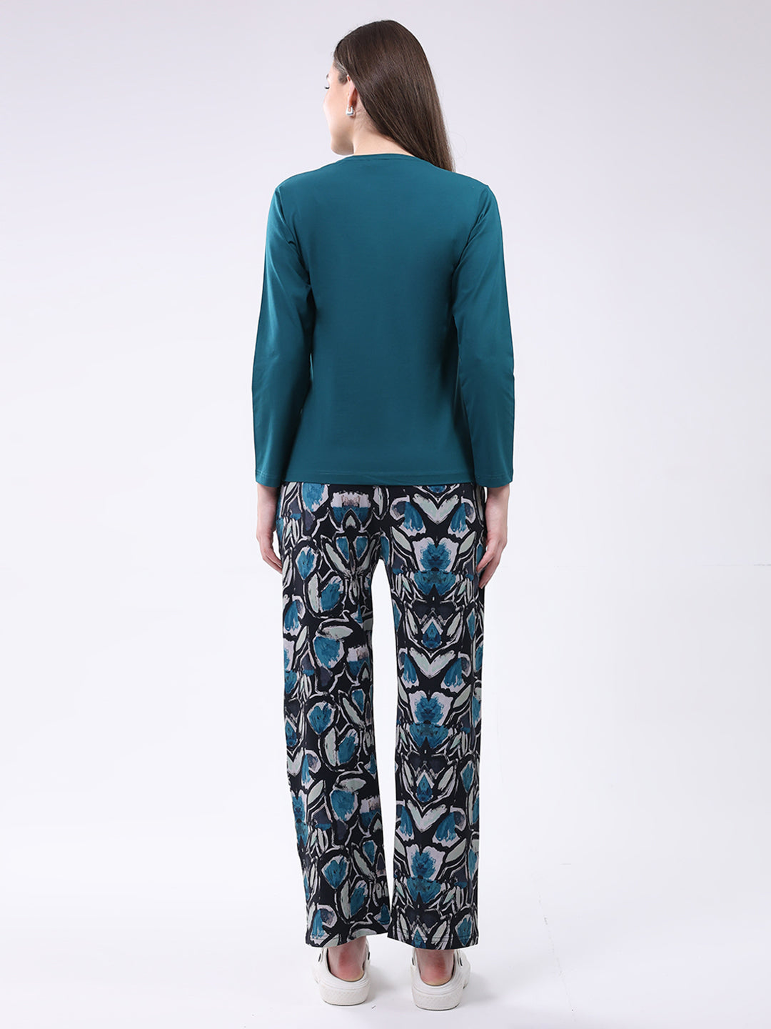 Women Green Printed Round Neck Full Sleeve Lower Set