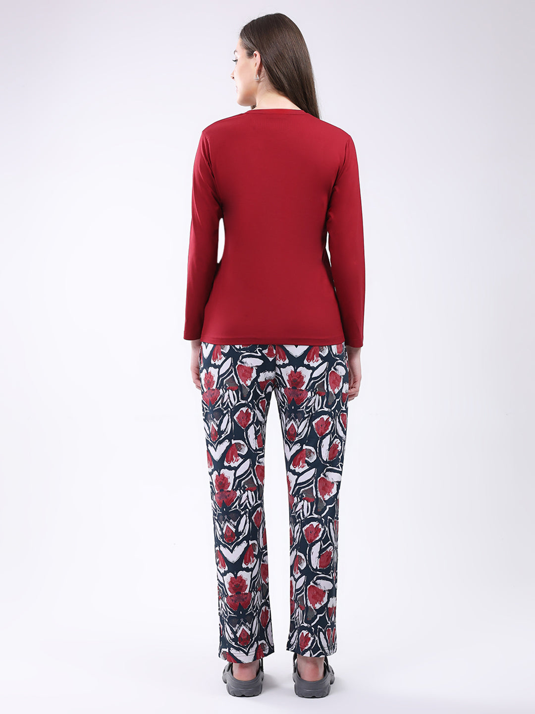 Women Maroon Printed Round Neck Full Sleeve Lower Set