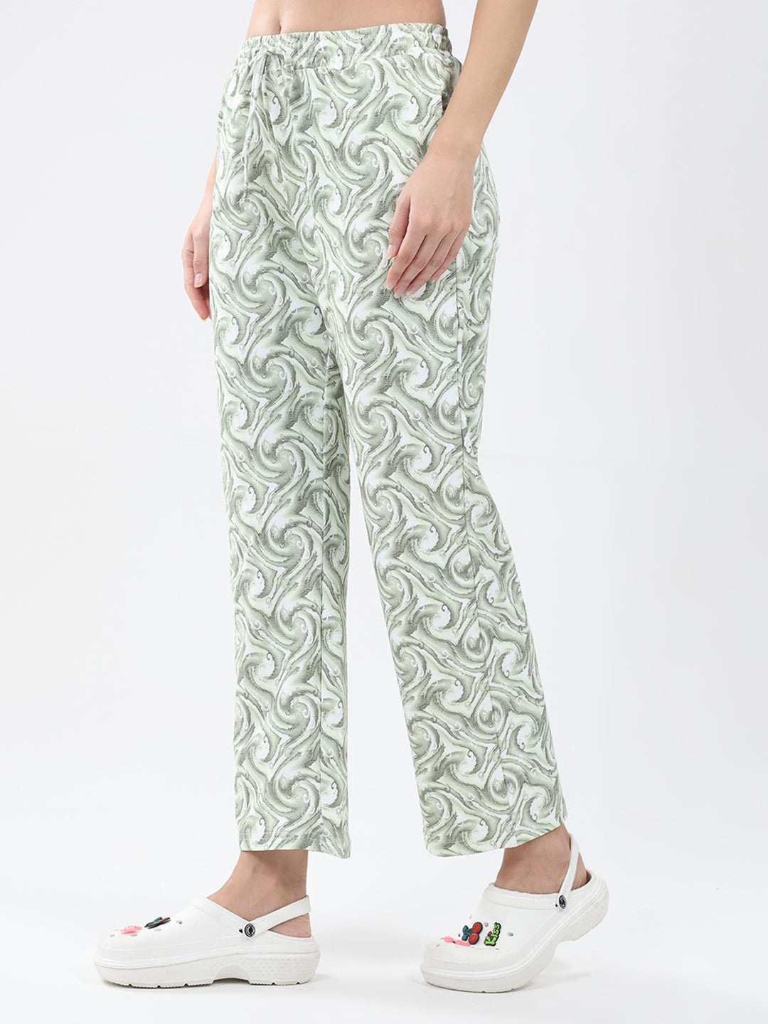 Women Green Printed Round Neck Full Sleeve Lower Set