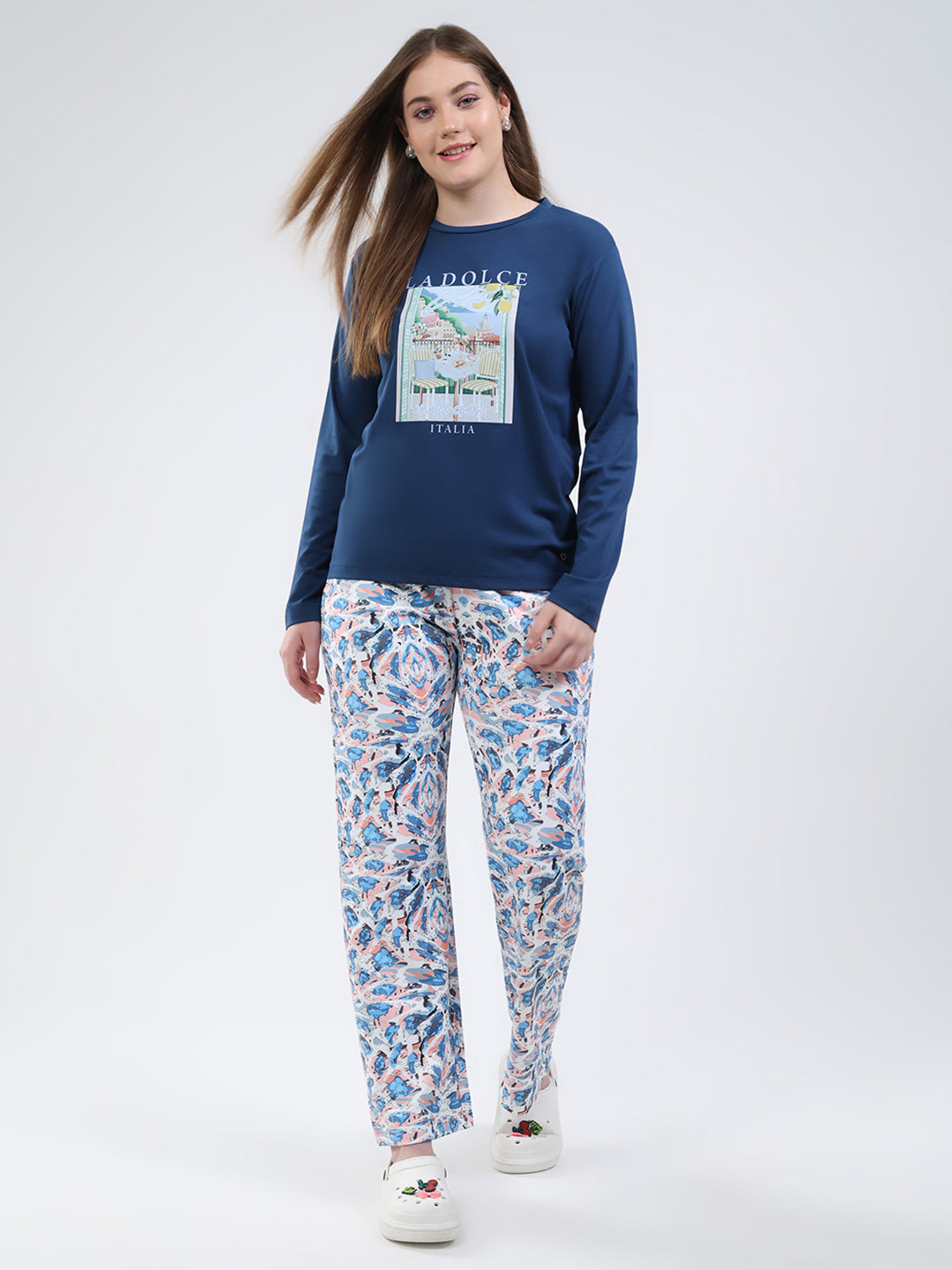 Women Blue Printed Round Neck Full Sleeve Lower Set