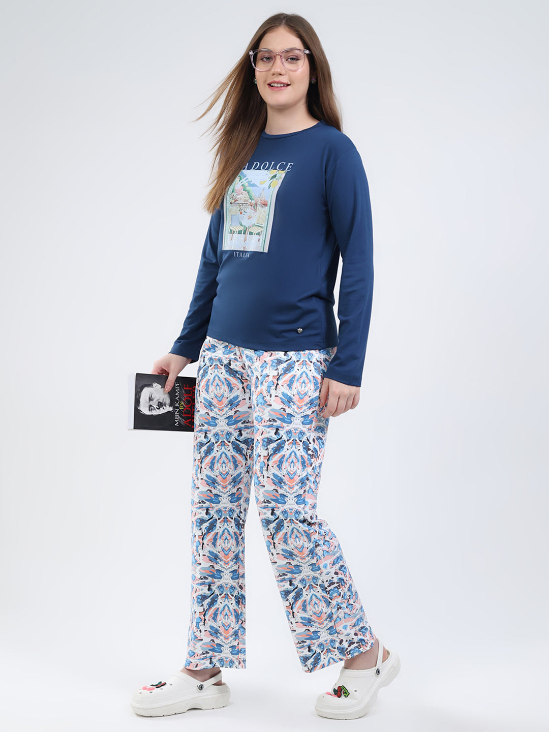 Women Blue Printed Round Neck Full Sleeve Lower Set