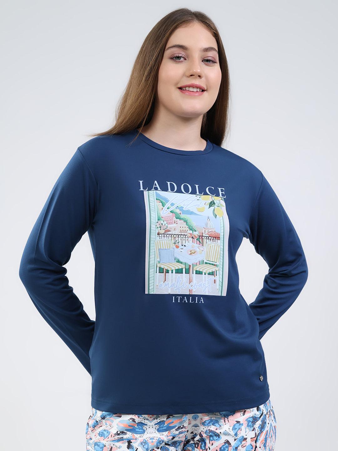 Women Blue Printed Round Neck Full Sleeve Lower Set