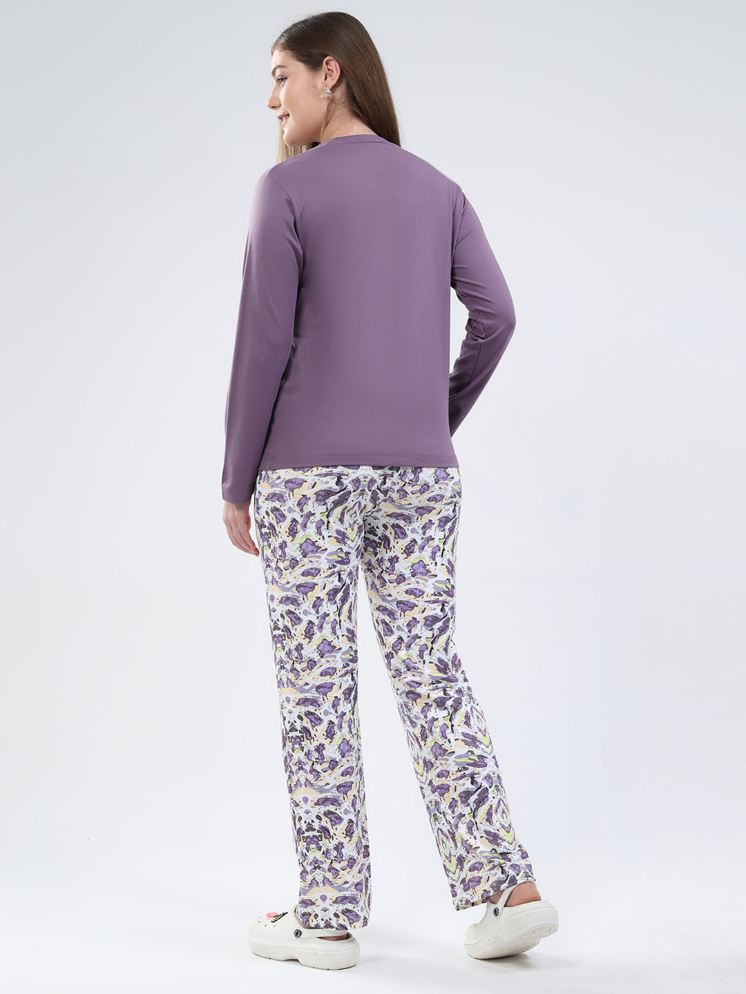 Women Purple Printed Round Neck Full Sleeve Lower Set