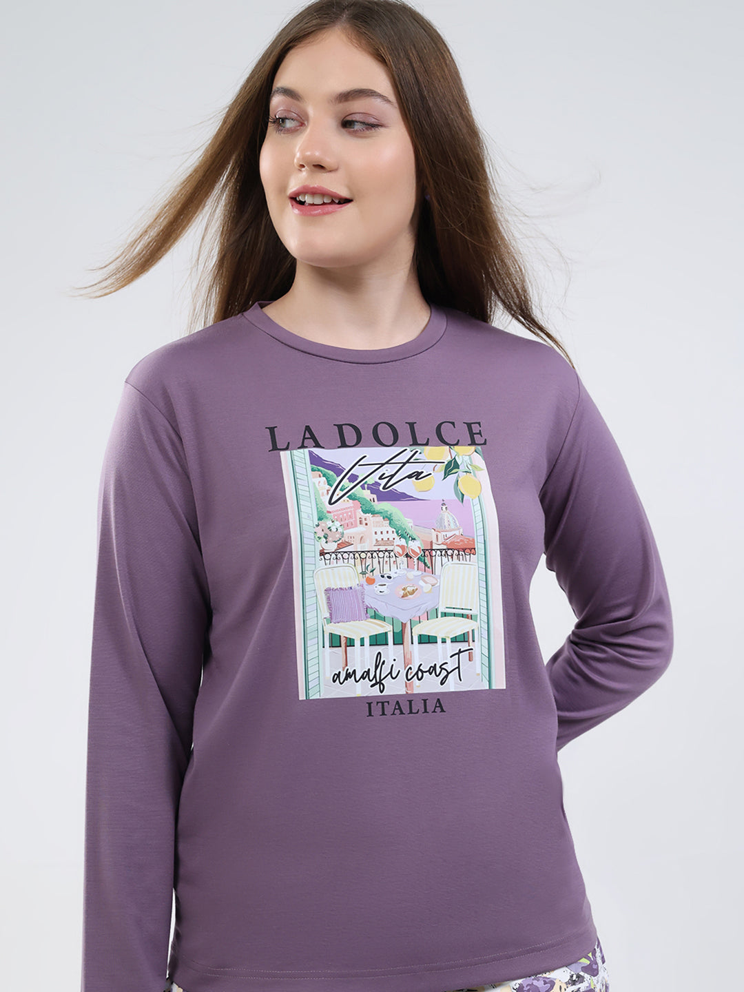 Women Purple Printed Round Neck Full Sleeve Lower Set