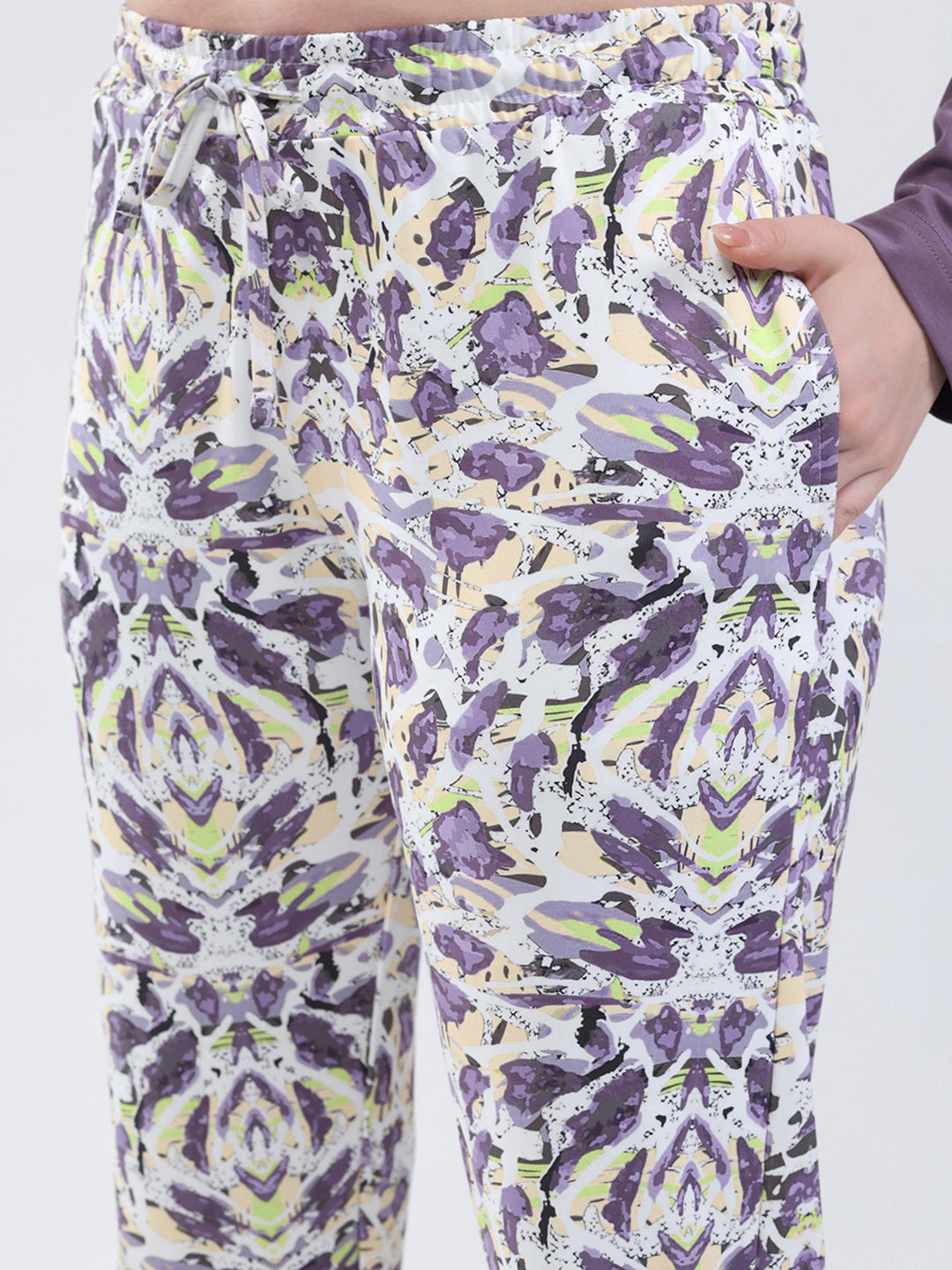 Women Purple Printed Round Neck Full Sleeve Lower Set