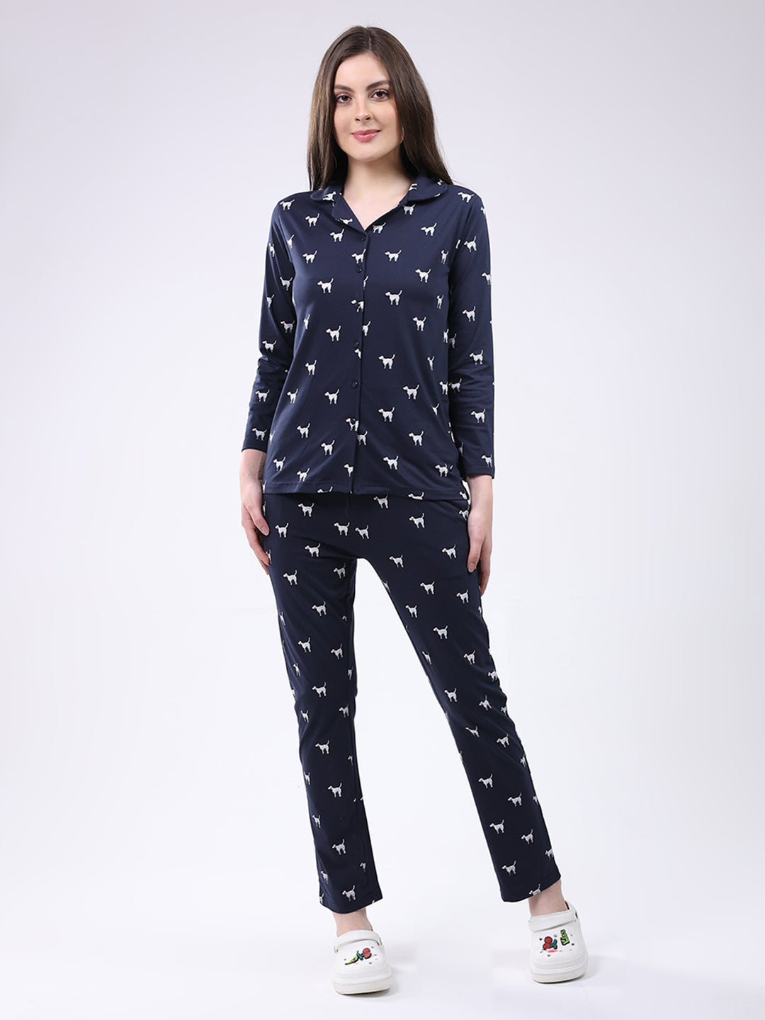 Women Navy Blue Printed Collar Full Sleeve Lower Set