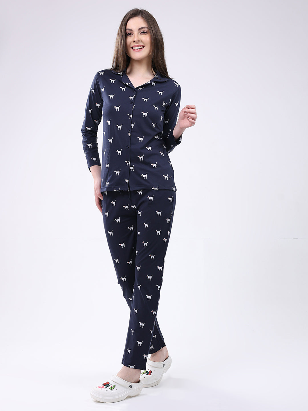 Women Navy Blue Printed Collar Full Sleeve Lower Set
